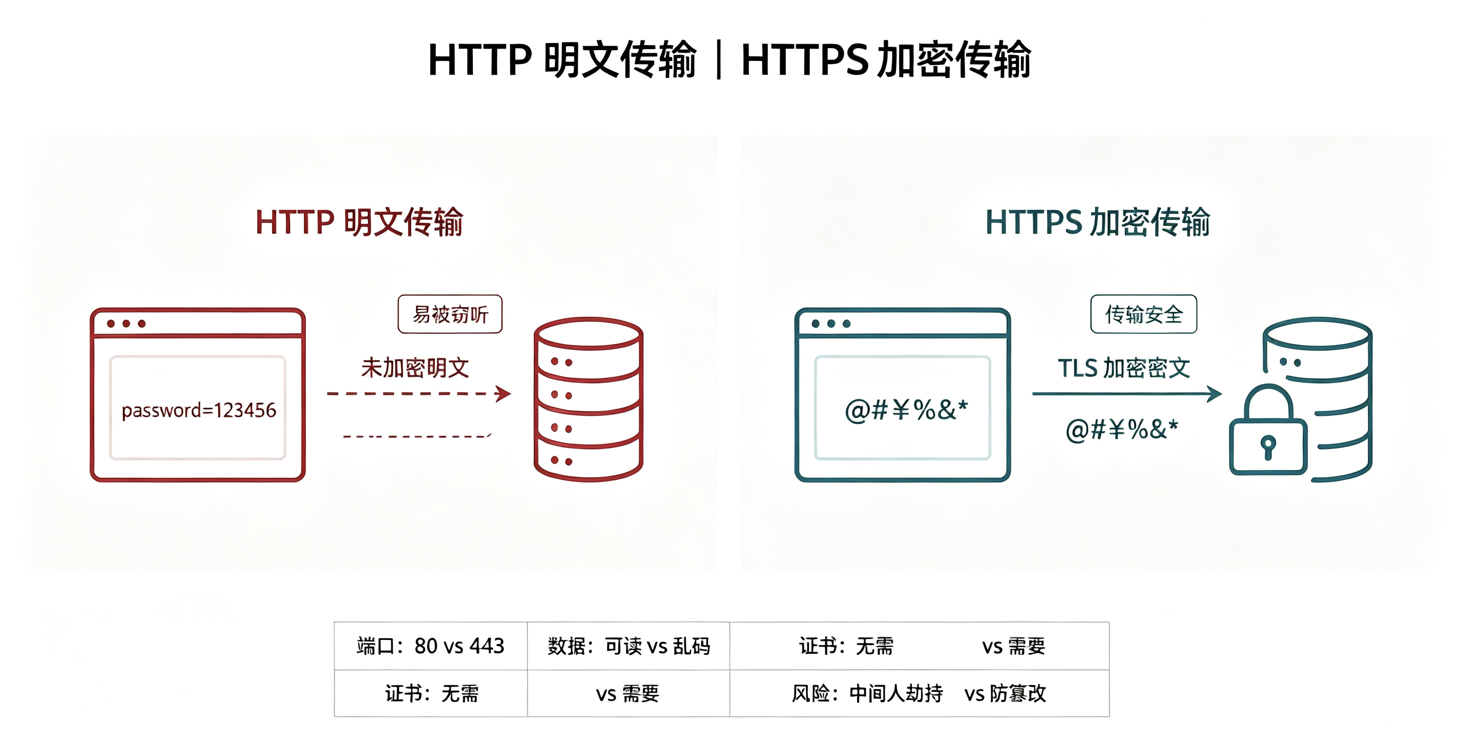 HTTP 明文传输｜HTTPS 加密传输 极简对比图